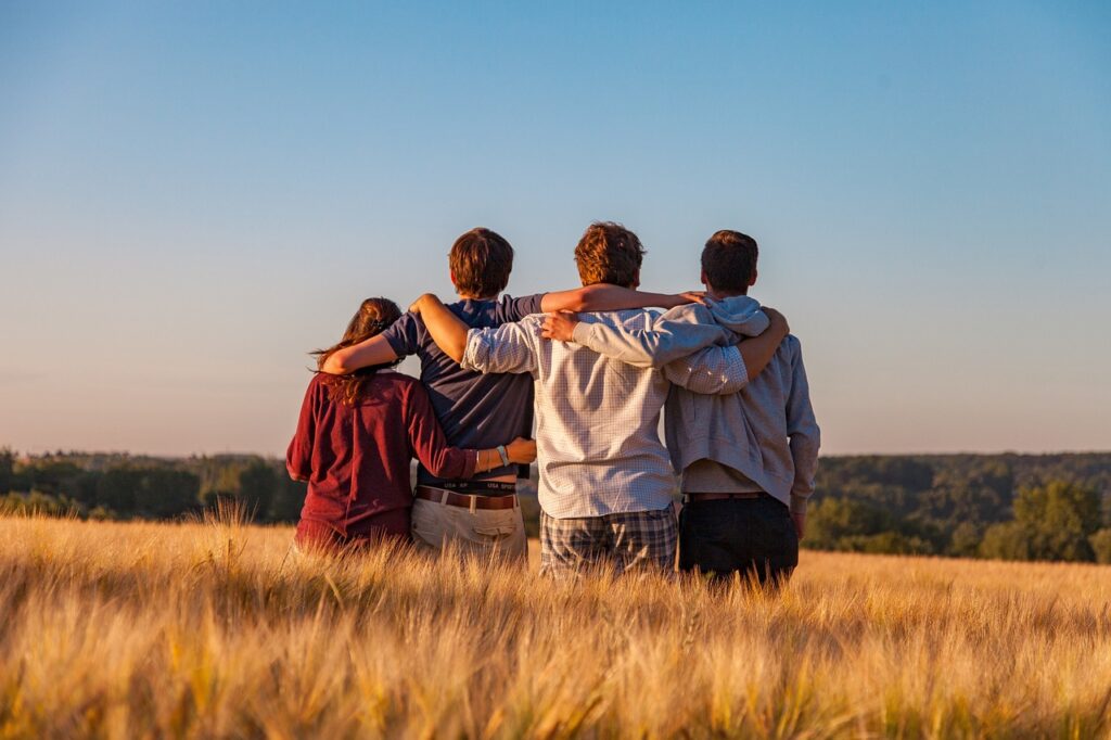 young people, group, friends, friendship, together, summer, landscape, field, outdoors, youth, support, gang, teens, nature, friendship day